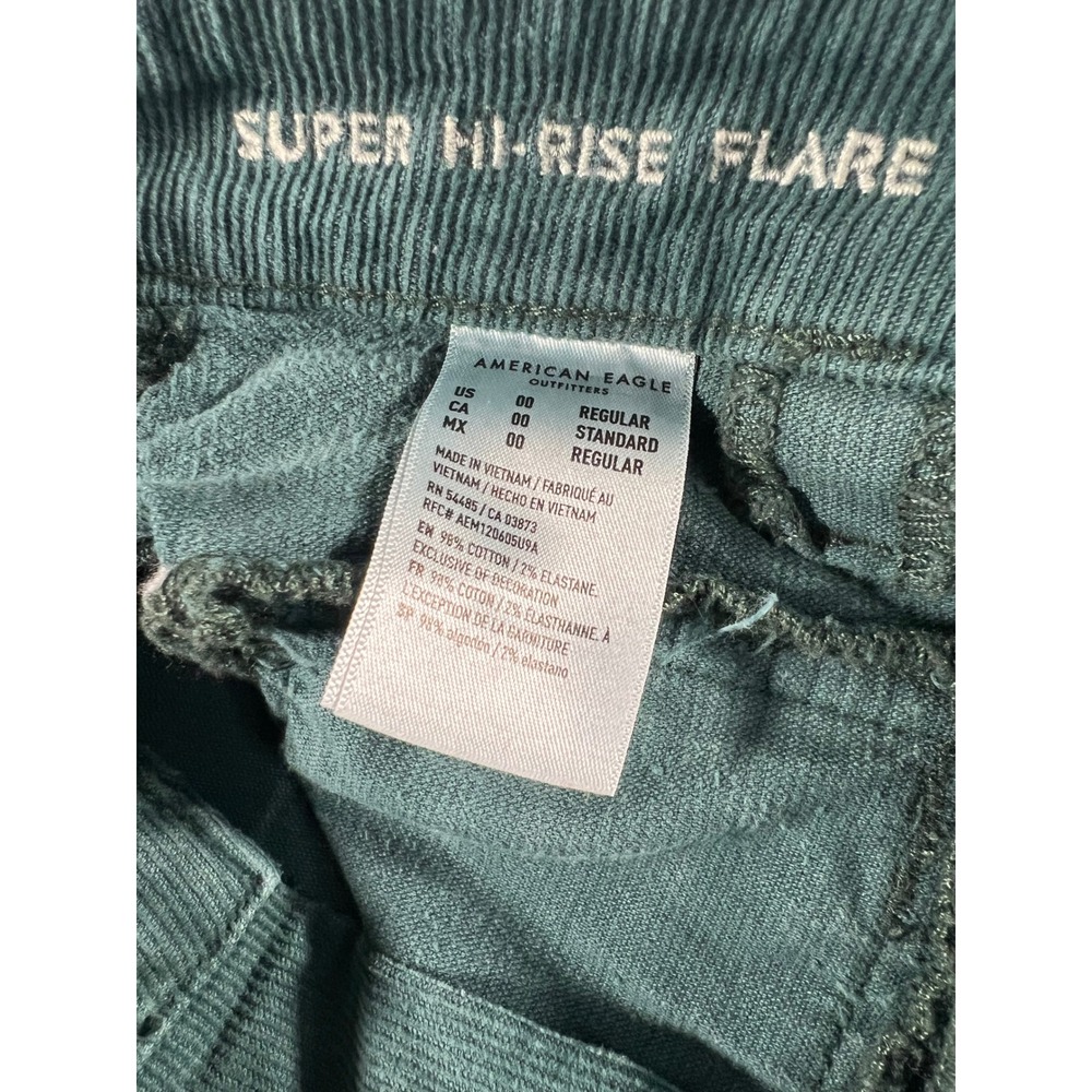 American Eagle Super Hi-Rise Flare Corduroy Pants Teal Green Size 00 Button Fly - Picture 5 of 9